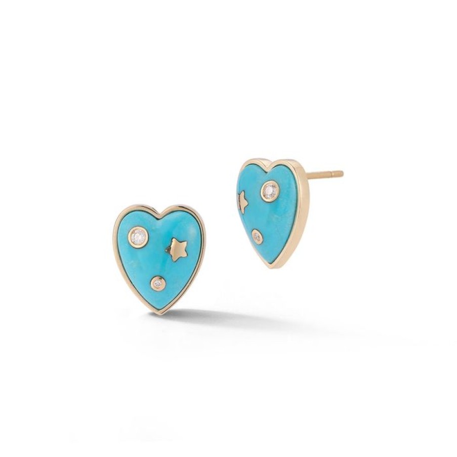 Jewelry STORROW | 14K Gold & Turquoise Anne Diamond Heart Stud Earrings