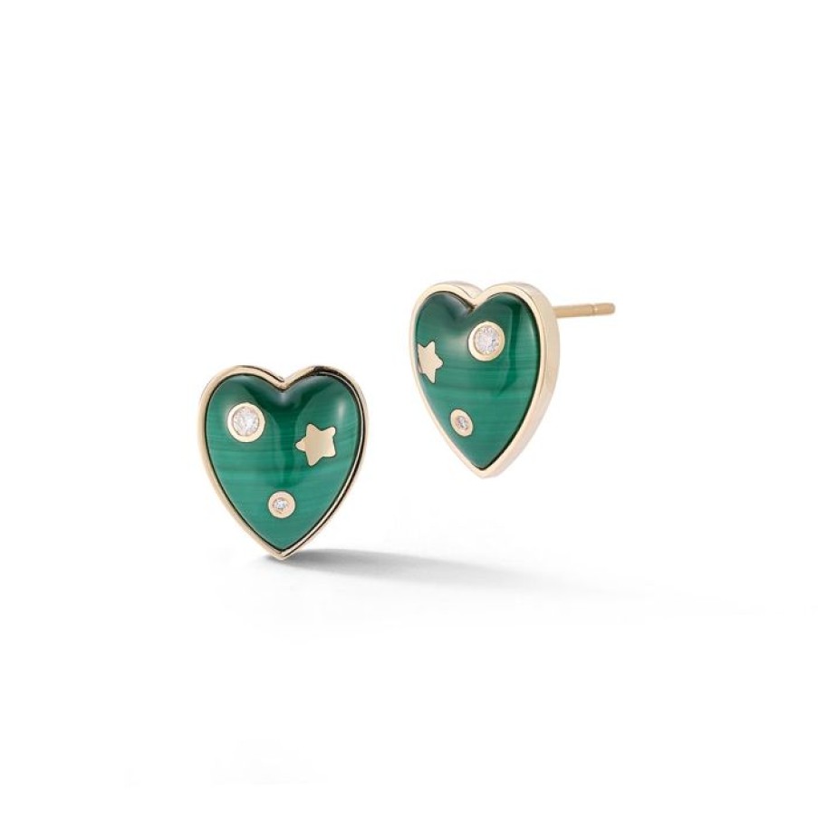 Jewelry STORROW | 14K Gold & Malachite Anne Diamond Heart Stud Earrings