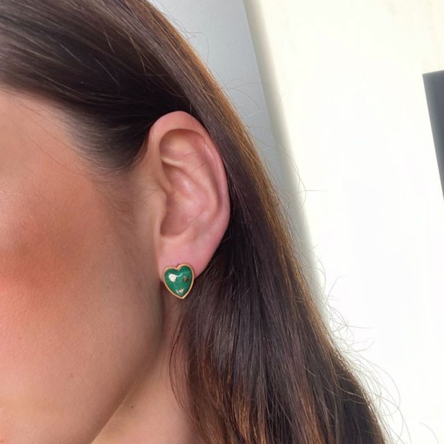 Jewelry STORROW | 14K Gold & Malachite Anne Diamond Heart Stud Earrings