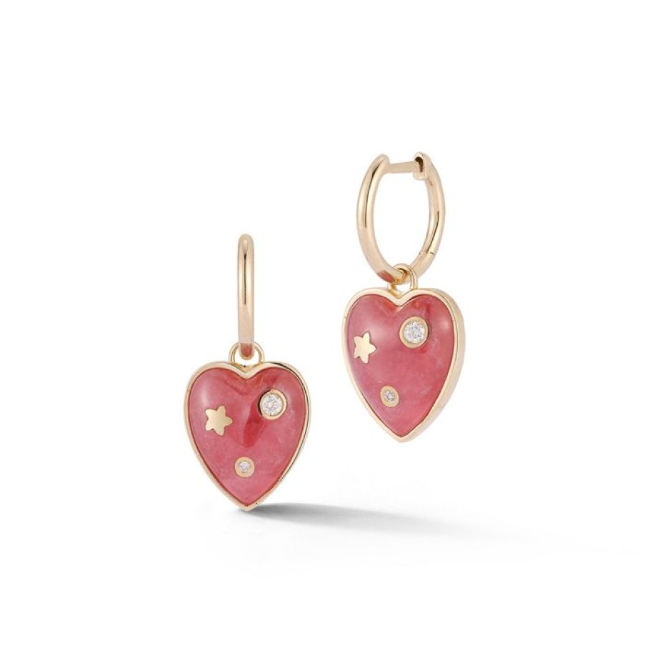 Jewelry STORROW | 14K Gold & Rhodochrosite Anne Diamond Heart Huggie Earrings