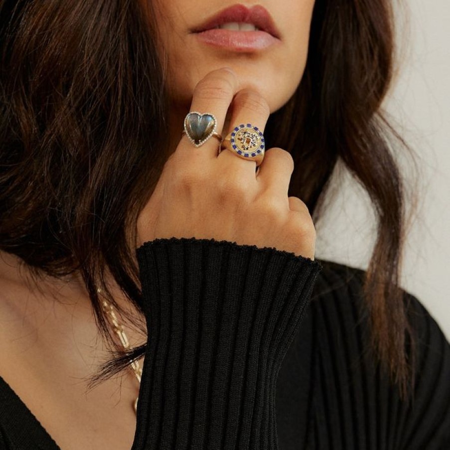 Jewelry STORROW | 14K Gold Diamond & Labradorite Alana Large Heart Ring