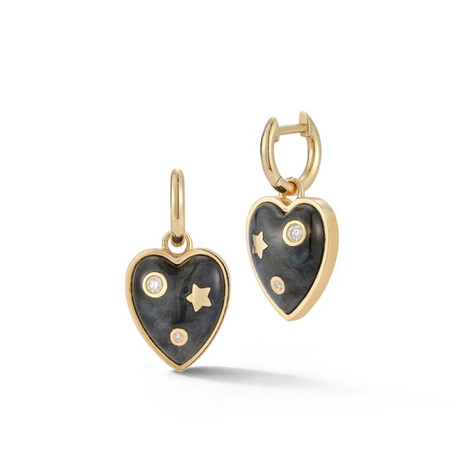 Jewelry STORROW | 14K Gold & Labradorite Anne Diamond Heart Huggie Earrings