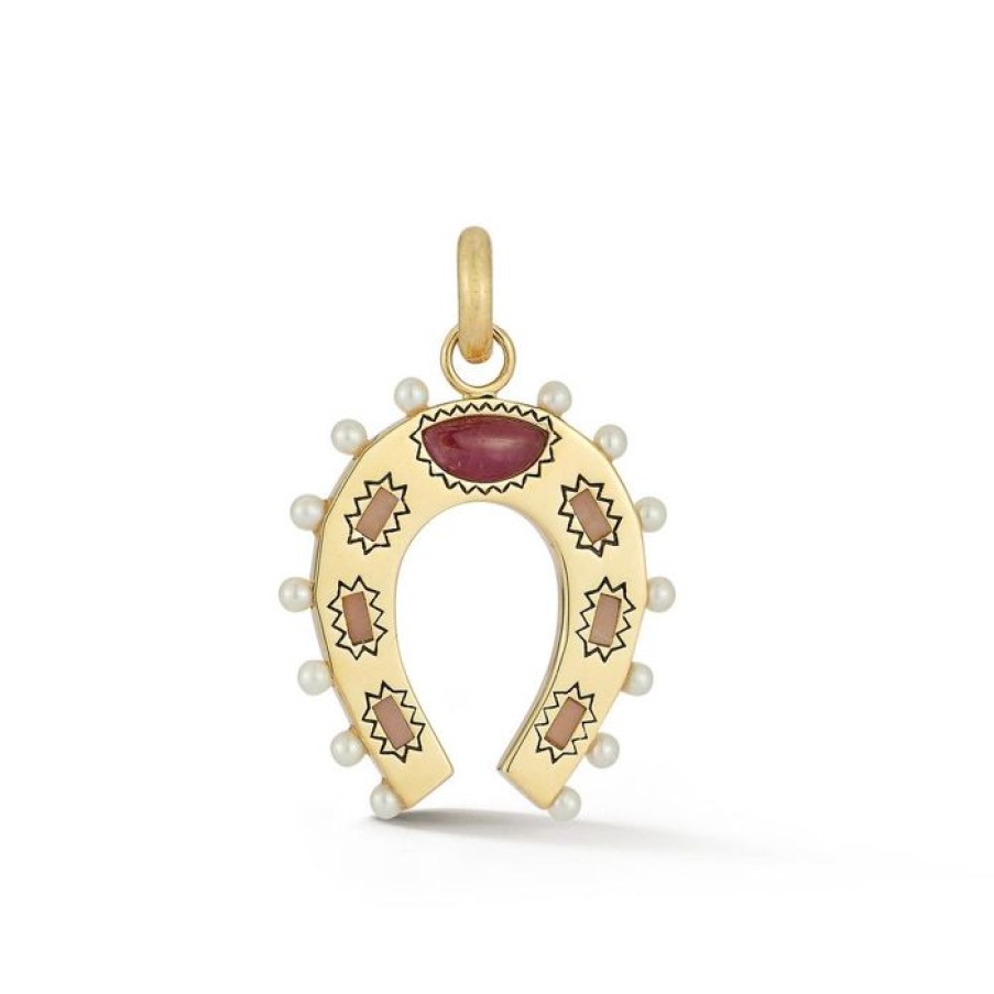 Jewelry STORROW | 14K Gold Pink Opal Ruby & Pearl Holly Horseshoe Charm