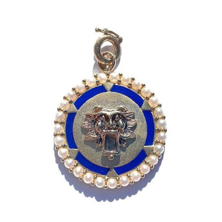 Jewelry STORROW | 14K Gold Pearl & Blue Enamel Guardian Lion Maude Medallion