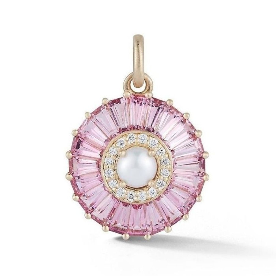 Jewelry STORROW | 14K Gold Pink Tourmaline Diamond & Pearl Emily Large Charm