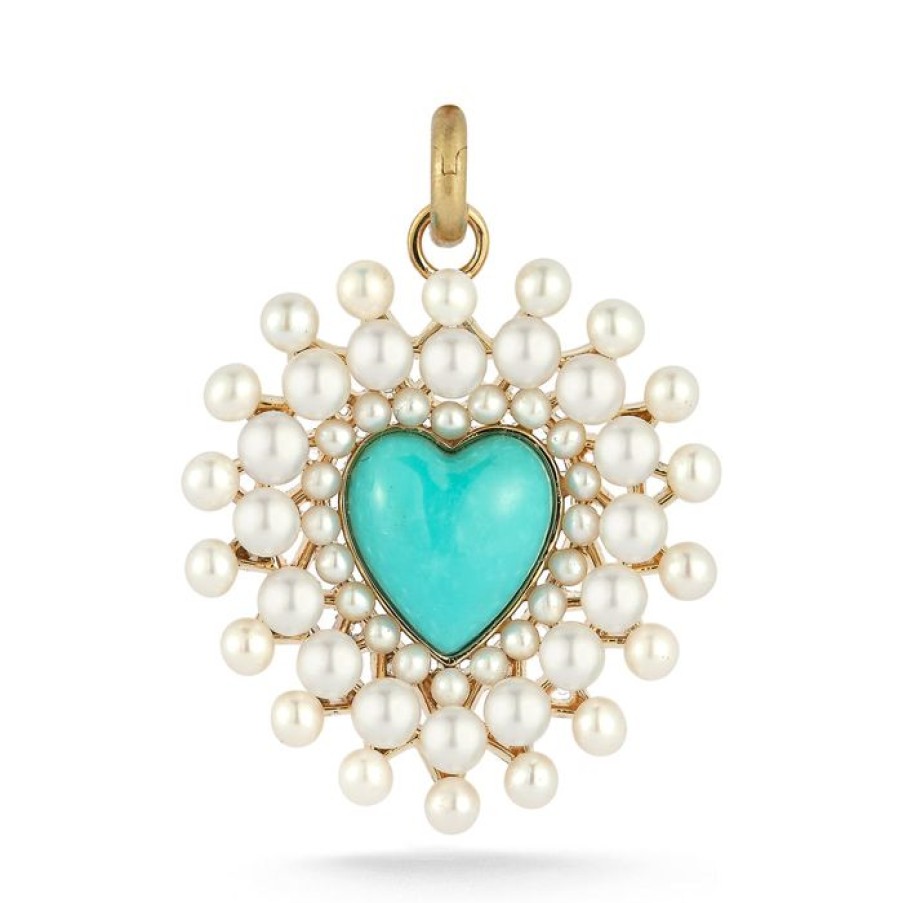 Jewelry STORROW | 14K Gold Turquoise & Pearl Cluster Juliana Heart Charm