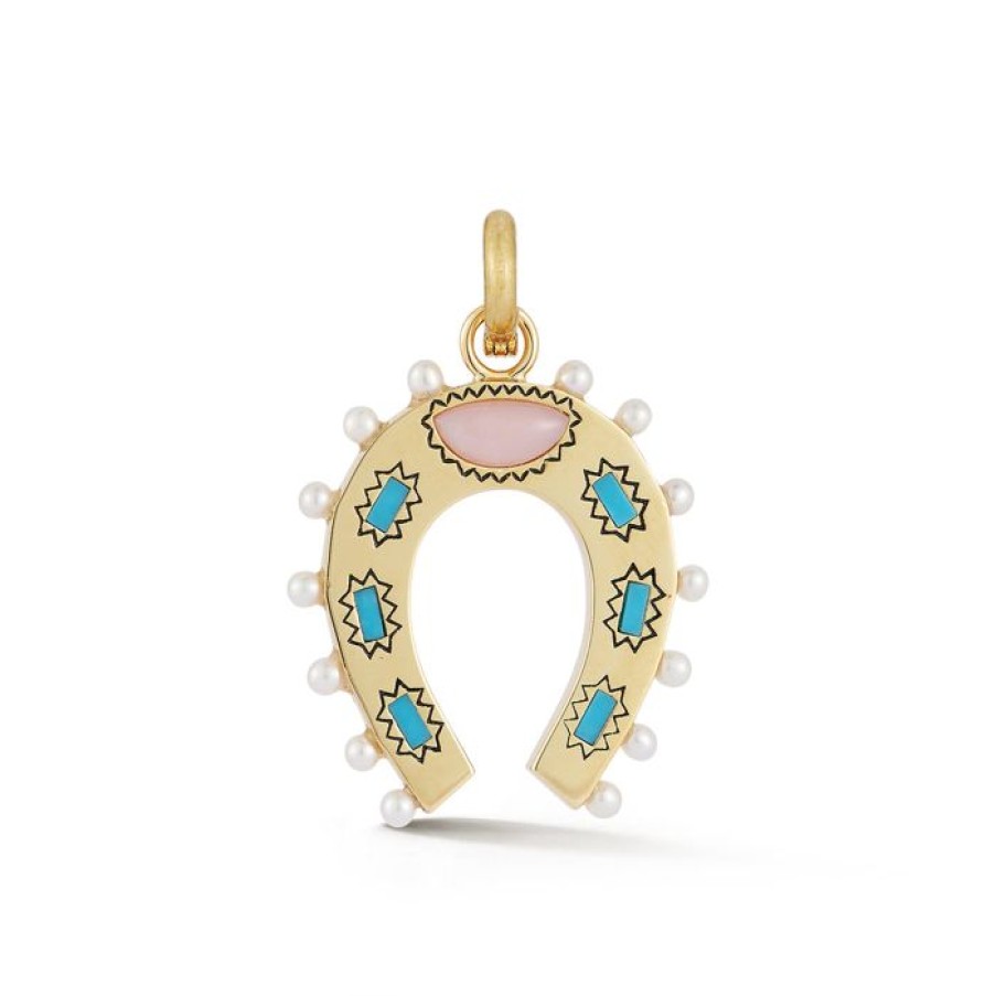 Jewelry STORROW | 14K Gold Turquoise Pink Opal & Pearl Holly Horseshoe Charm