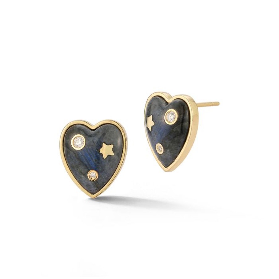 Jewelry STORROW | 14K Gold & Labradorite Anne Diamond Heart Stud Earrings