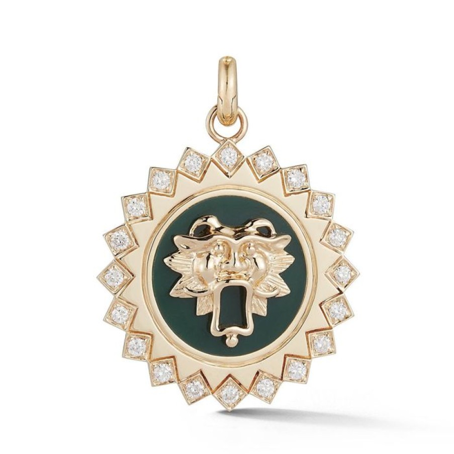 Jewelry STORROW | 14K Gold Diamond & Green Enamel Guardian Lion Mabel Medallion