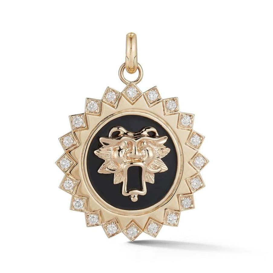 Jewelry STORROW | 14K Gold Diamond & Black Enamel Guardian Lion Mabel Medallion