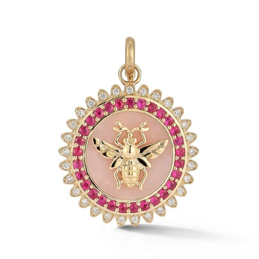 Jewelry STORROW | 14K Gold Pink Opal Ruby Diamond Minnie Bee Medallion