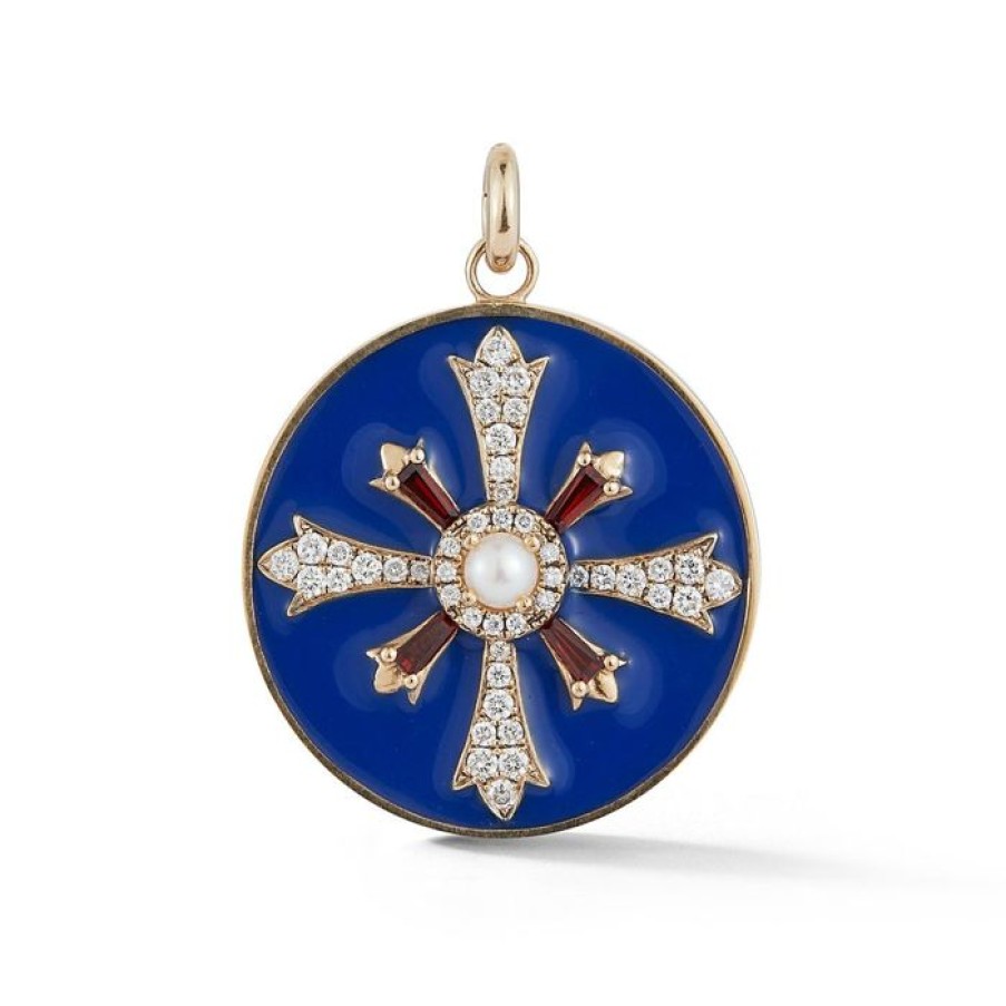 Jewelry STORROW | 14K Gold Gemstone & Blue Enamel Plus Motif Marguerite Medallion