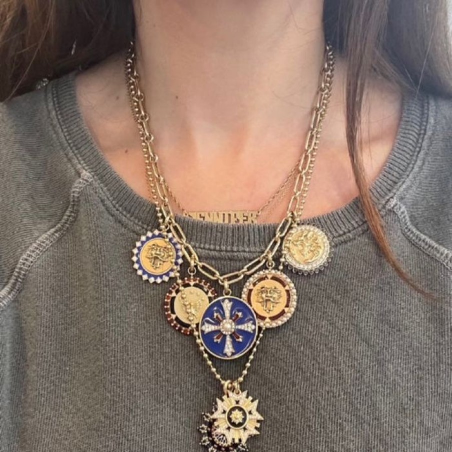 Jewelry STORROW | 14K Gold Gemstone & Blue Enamel Plus Motif Marguerite Medallion