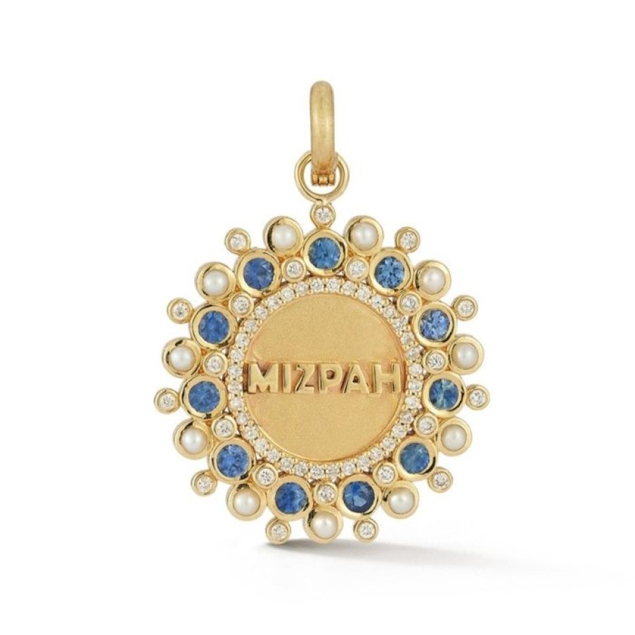 Jewelry STORROW | 14K Gold Diamond Blue Sapphire & Pearl Mizpah Medallion