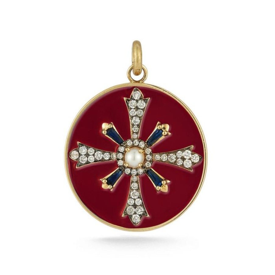 Jewelry STORROW | 14K Gold Gemstone & Red Enamel Plus Motif Marguerite Medallion