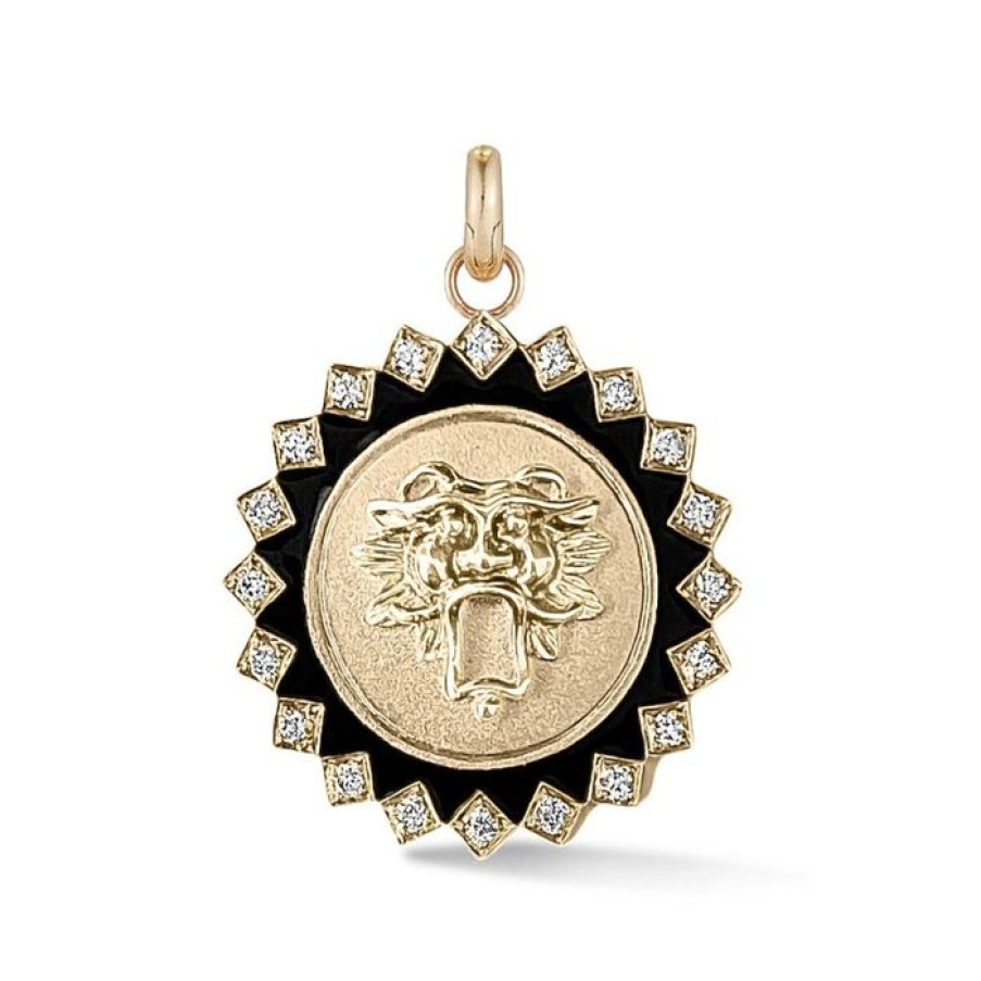 Jewelry STORROW | 14K Gold Diamond & Black Enamel Guardian Lion Mabel Medallion