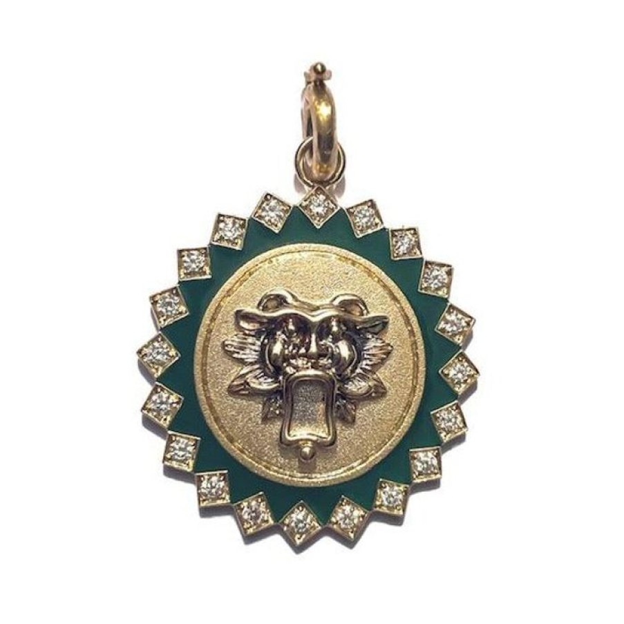 Jewelry STORROW | 14K Gold Diamond & Green Enamel Guardian Lion Mabel Medallion