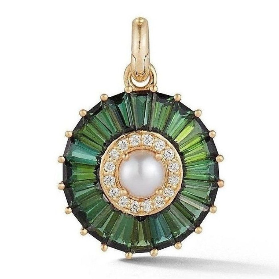 Jewelry STORROW | 14K Gold Green Tourmaline Diamond & Pearl Emily Large Charm