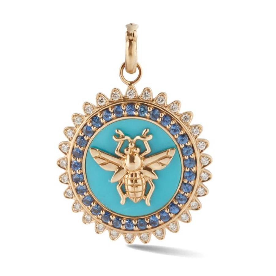 Jewelry STORROW | 14K Gold Turquoise Blue Sapphire Diamond Minnie Bee Medallion