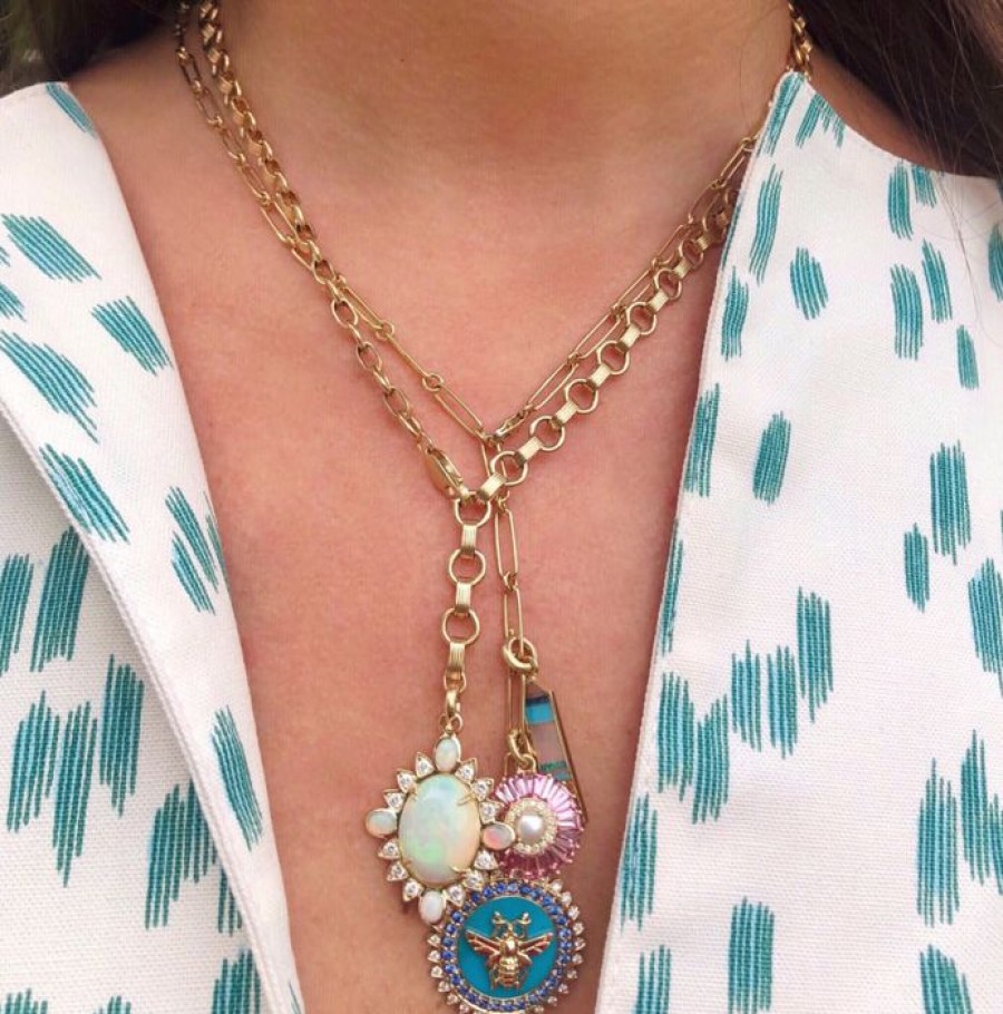 Jewelry STORROW | 14K Gold Turquoise Blue Sapphire Diamond Minnie Bee Medallion