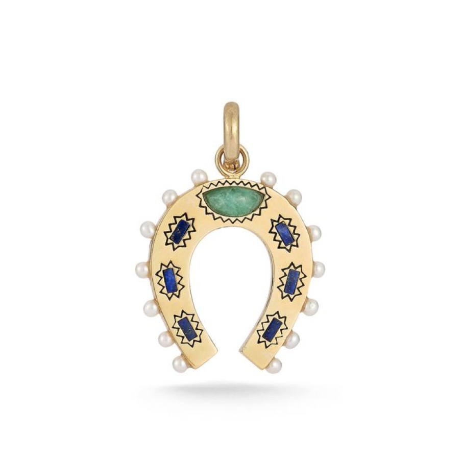 Jewelry STORROW | 14K Gold Lapis Emerald & Pearl Holly Horseshoe Charm