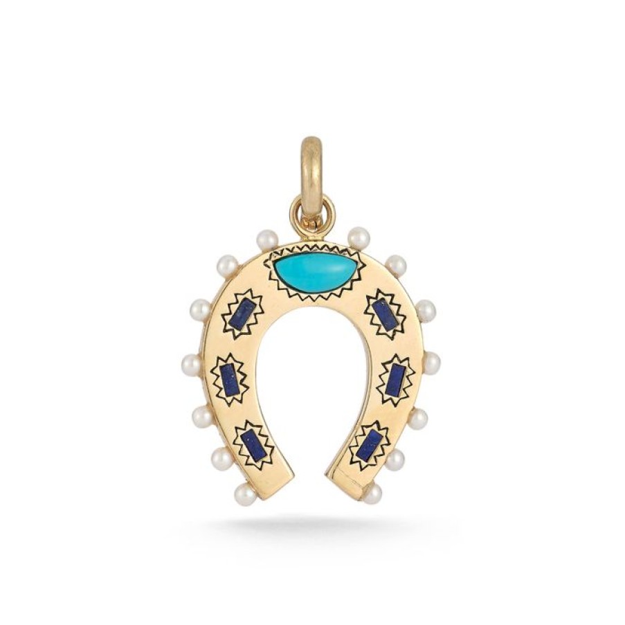 Jewelry STORROW | 14K Gold Turquoise Lapis & Pearl Holly Horseshoe Charm