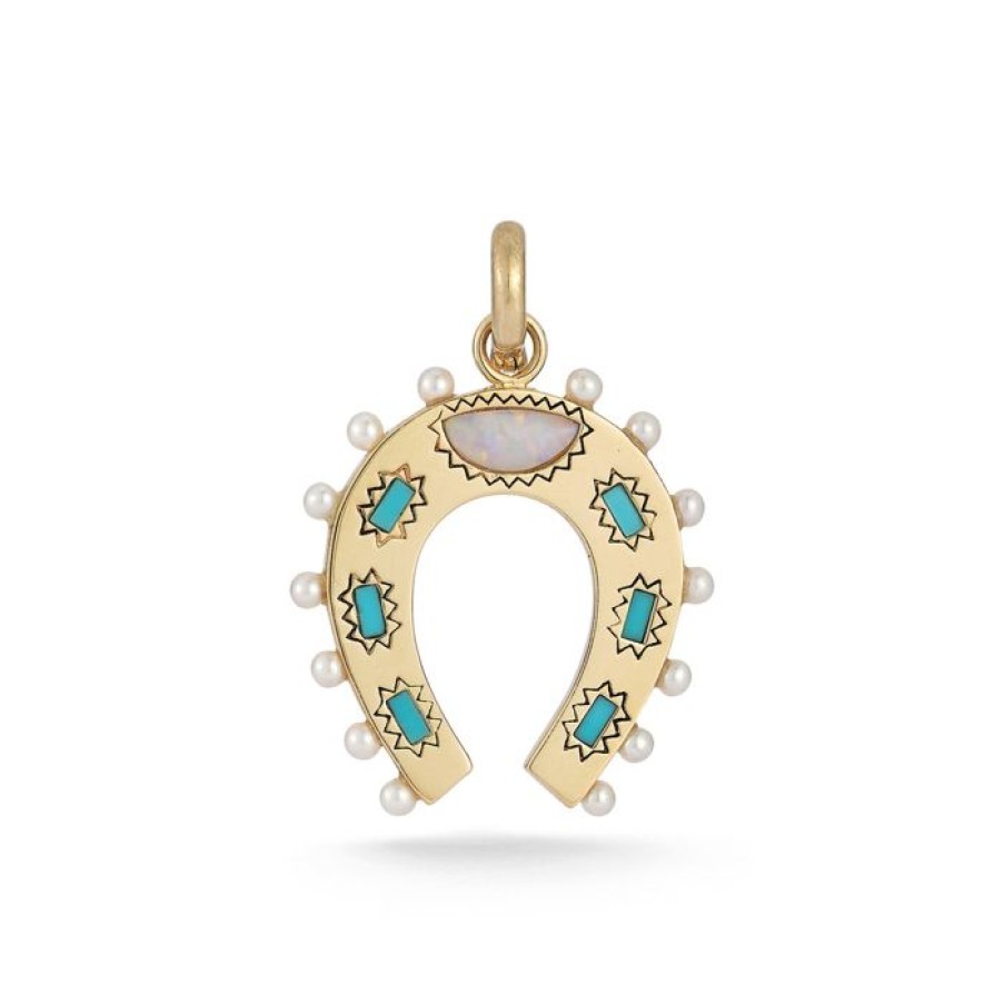 Jewelry STORROW | 14K Gold Turquoise Opal & Pearl Holly Horseshoe Charm