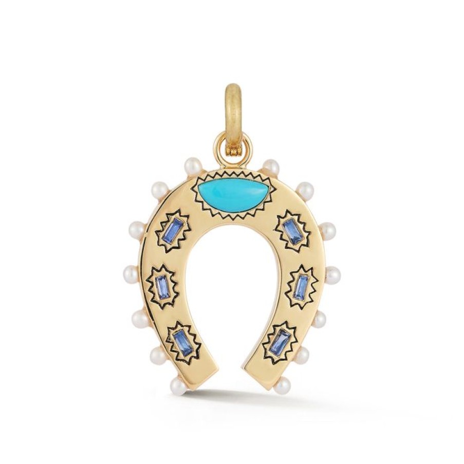 Jewelry STORROW | 14K Gold Turquoise Blue Sapphire & Pearl Holly Horseshoe Charm