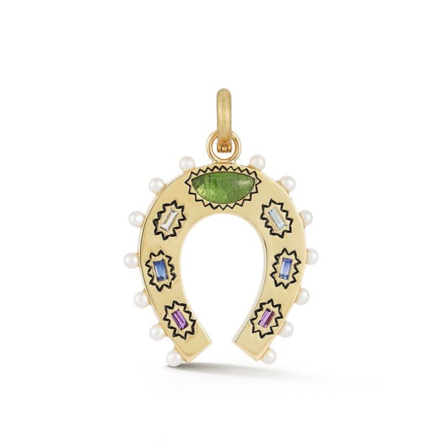 Jewelry STORROW | 14K Gold Rainbow Gemstone & Pearl Holly Horseshoe Charm