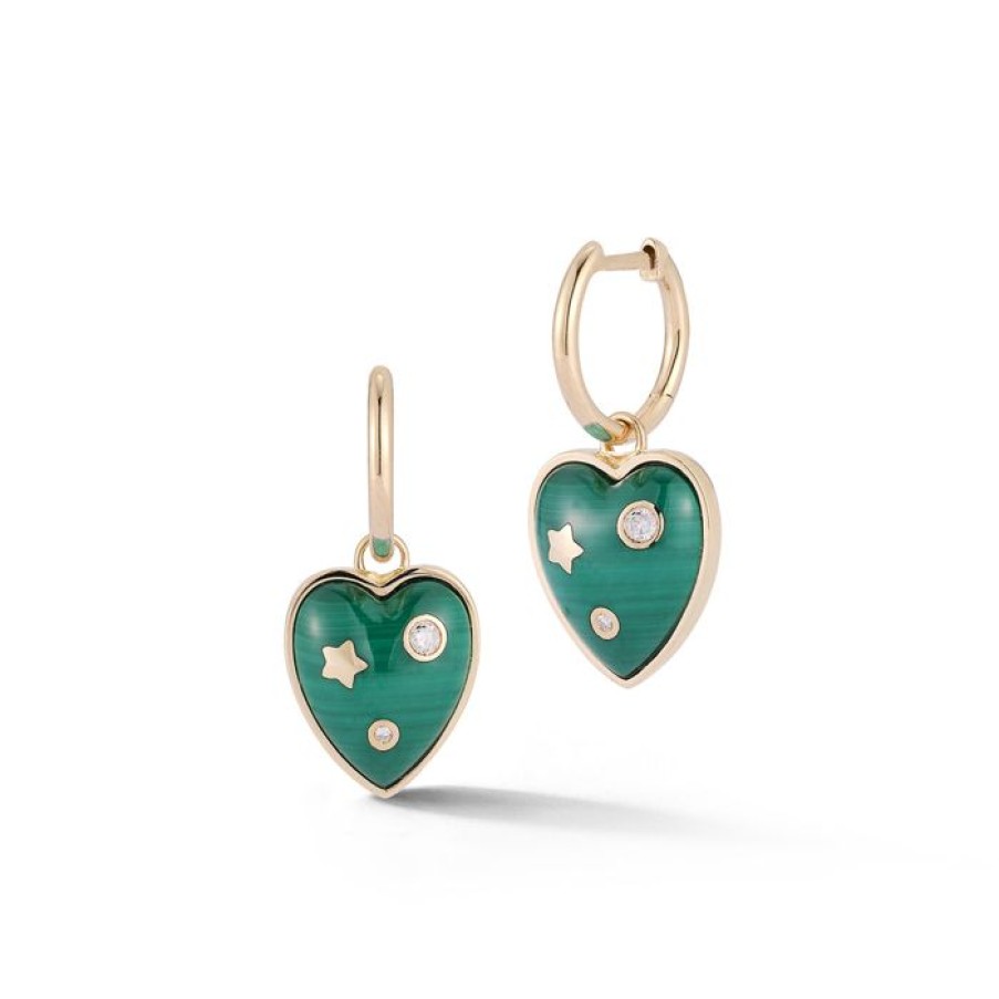 Jewelry STORROW | 14K Gold & Malachite Anne Diamond Heart Huggie Earrings