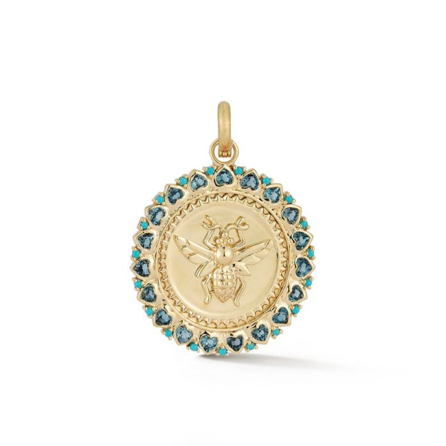 Jewelry STORROW | 14K Gold London Blue Topaz Heart & Turquoise Matilda Bee Medallion