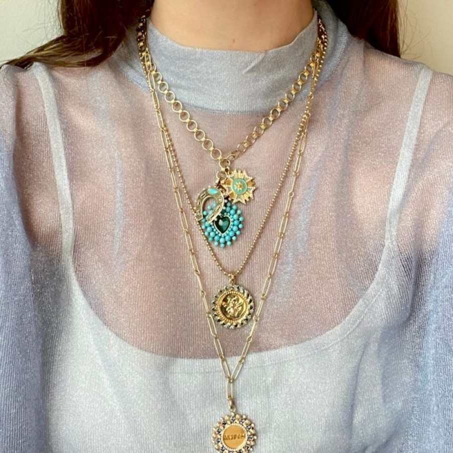 Jewelry STORROW | 14K Gold London Blue Topaz Heart & Turquoise Matilda Bee Medallion