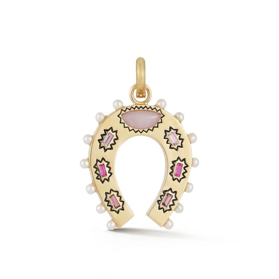 Jewelry STORROW | 14K Gold Pink Rainbow Gemstone & Pearl Holly Horseshoe Charm