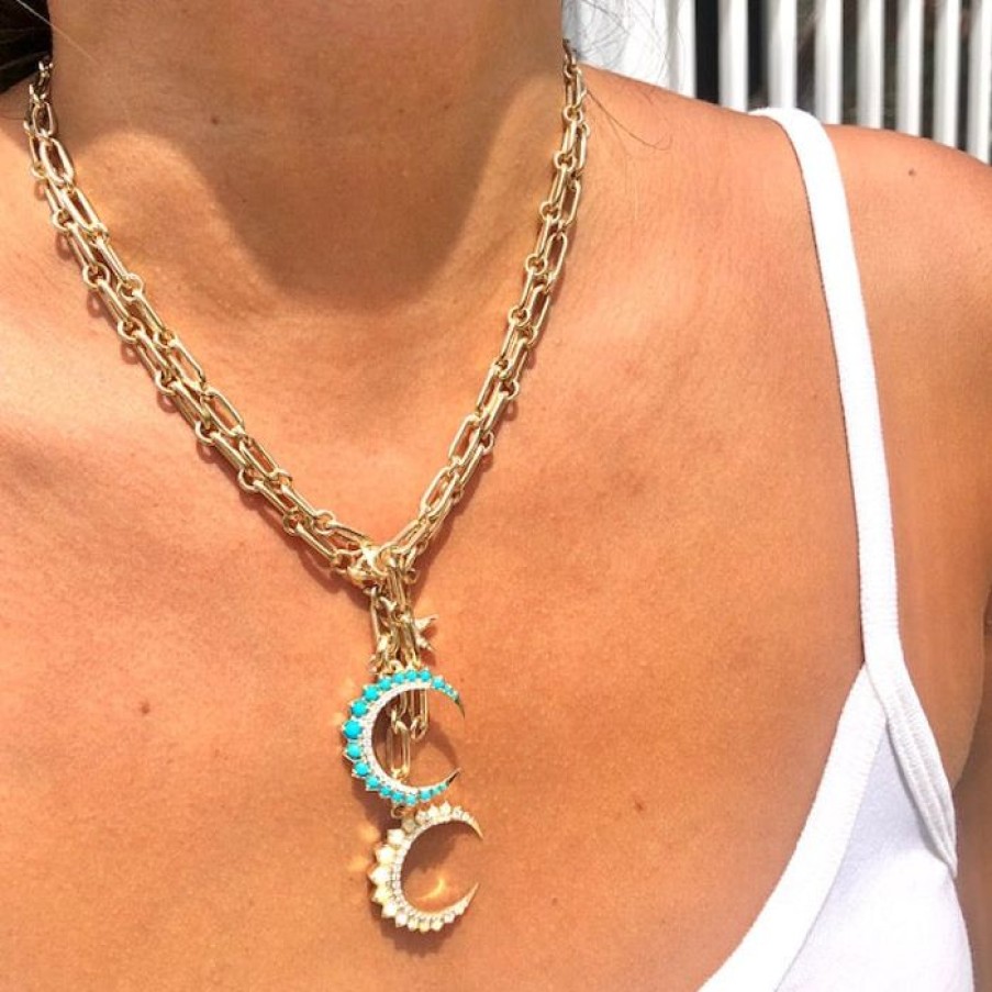 Jewelry STORROW | 14K Gold Diamond & Turquoise Crescent Moon Estelle Charm