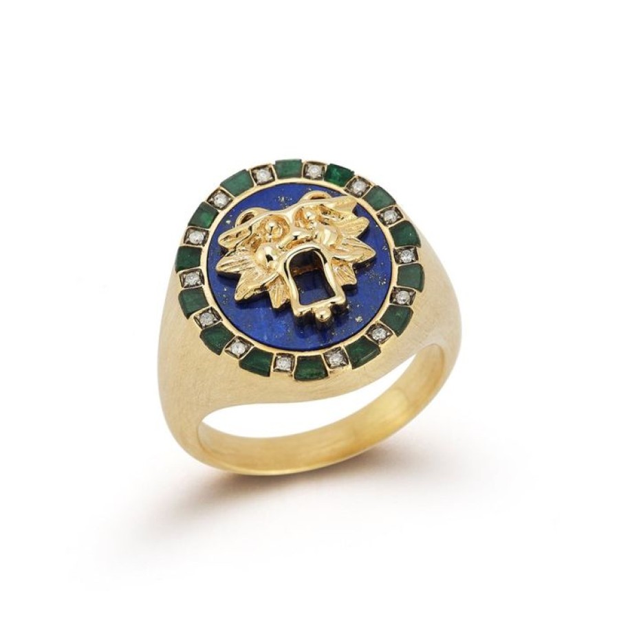 Jewelry STORROW | 14K Gold Lapis Emerald Diamond Lottie Lion Ring