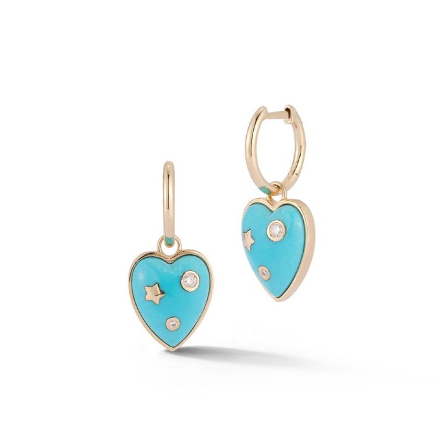 Jewelry STORROW | 14K Gold & Turquoise Anne Diamond Heart Huggie Earrings