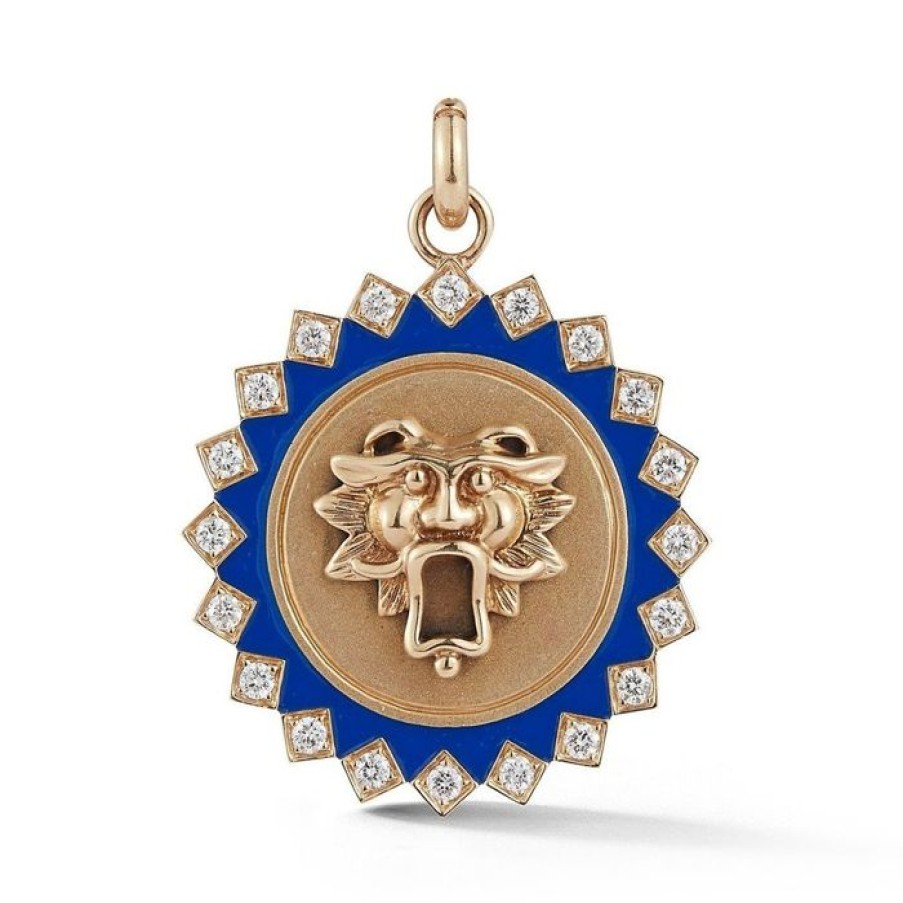 Jewelry STORROW | 14K Gold Diamond & Blue Enamel Guardian Lion Mabel Medallion