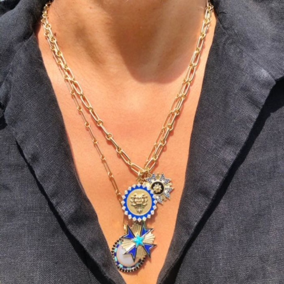 Jewelry STORROW | 14K Gold Diamond & Blue Enamel Guardian Lion Mabel Medallion