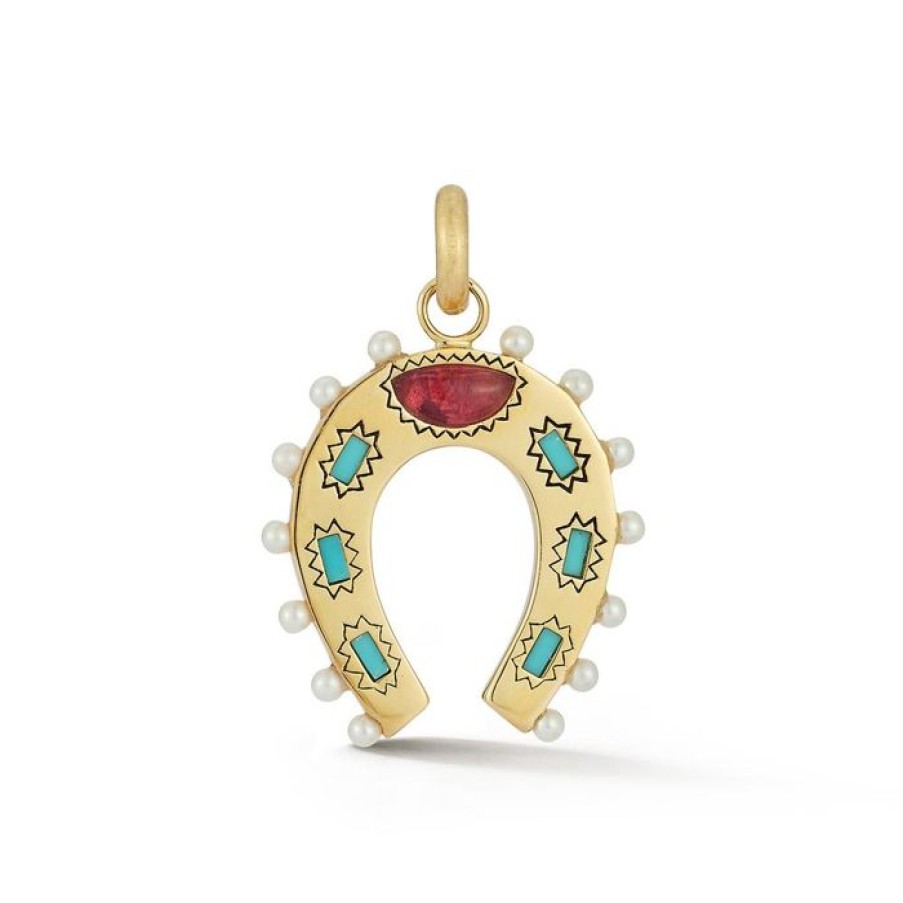 Jewelry STORROW | 14K Gold Turquoise, Pink Tourmaline & Pearl Holly Horseshoe Charm